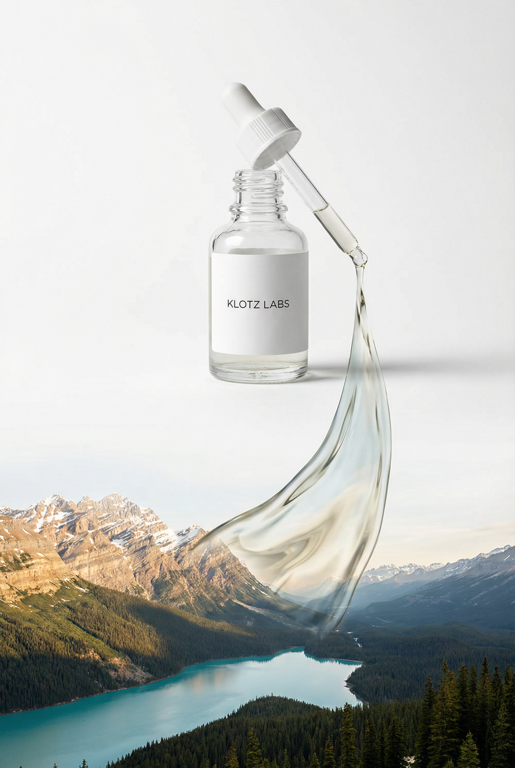 Klotz-Labs-Motiv mit Flakon, fließender Pipette und Berglandschaft